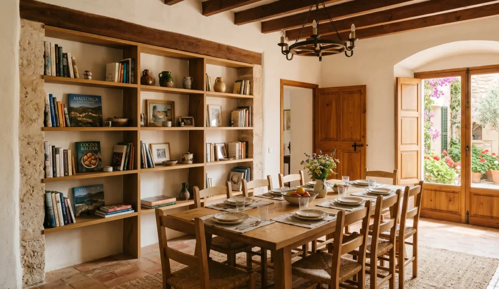 Mobiliario y elementos de madera a medida en el interior de una vivienda de diseño mallorquín.