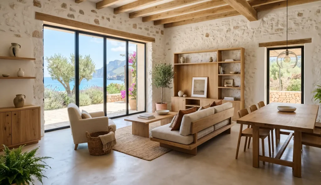 Salón moderno en Mallorca con muebles de madera a medida de estilo rústico y líneas limpias.