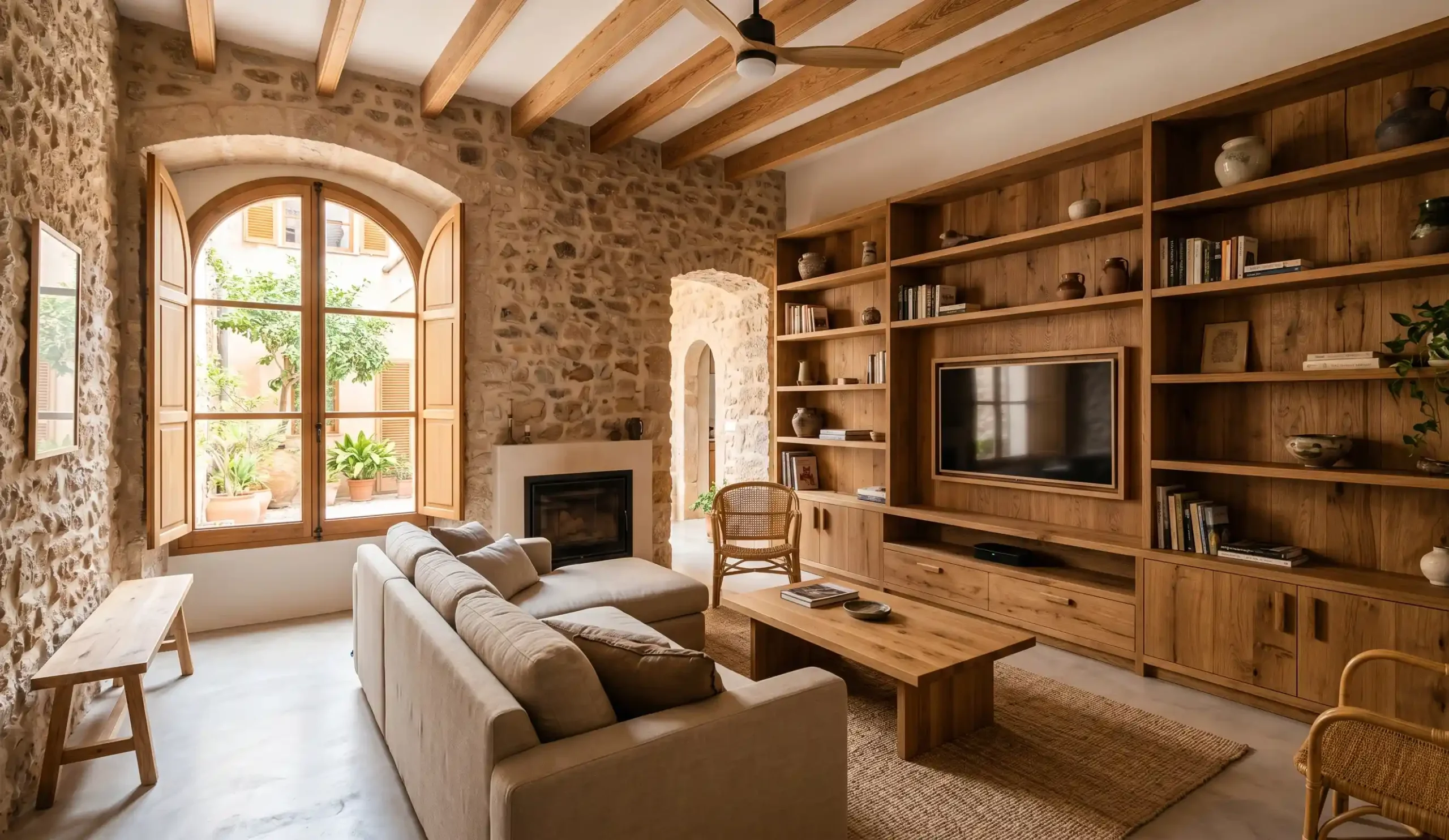 Muebles a medida en Mallorca integrados en un salón de estilo rústico moderno en Felanitx.