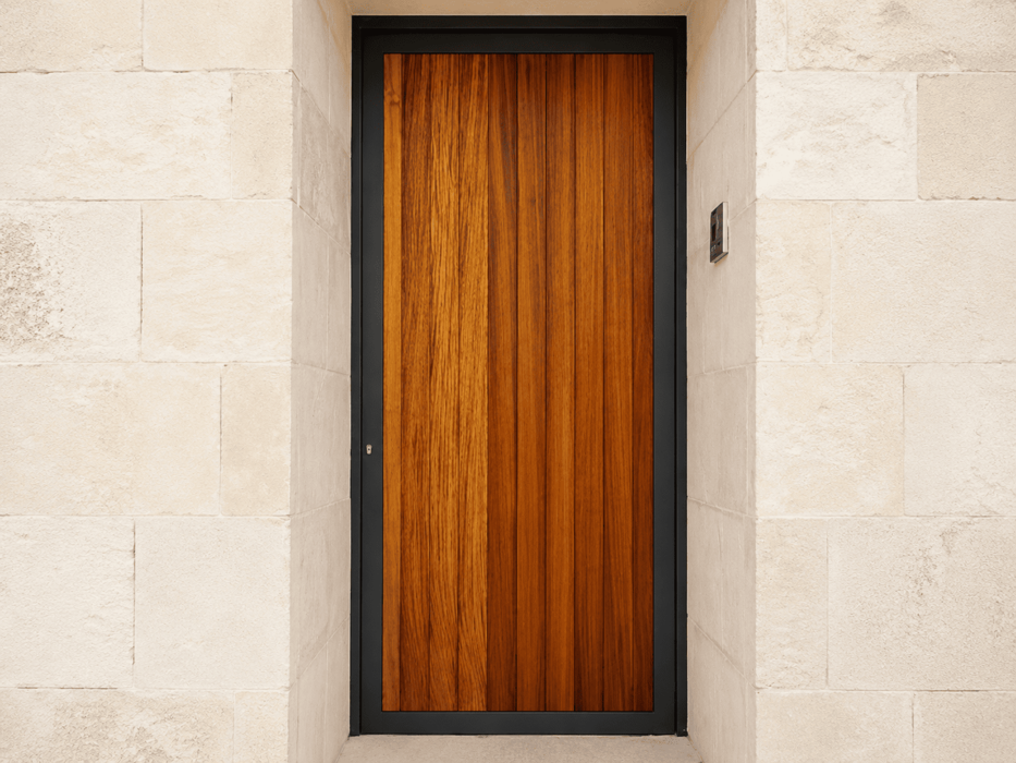 Puerta de entrada de madera maciza con sistema de seguridad multipunto en una vivienda de Felanitx.