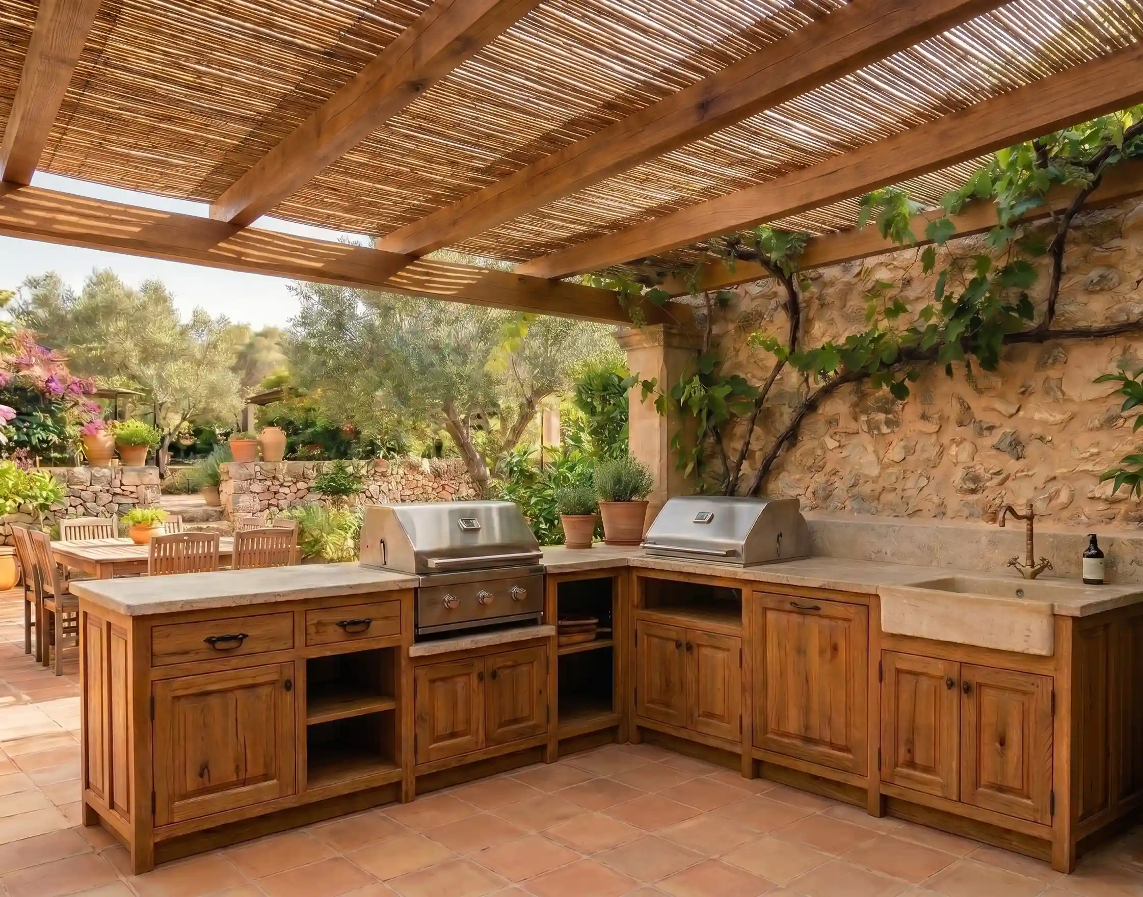 Armarios y módulos de madera a medida para cocina de jardín fabricados en Felanitx.