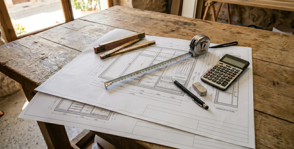 Herramientas de medición y planos sobre una mesa de madera para presupuestar un proyecto a medida en Felanitx.